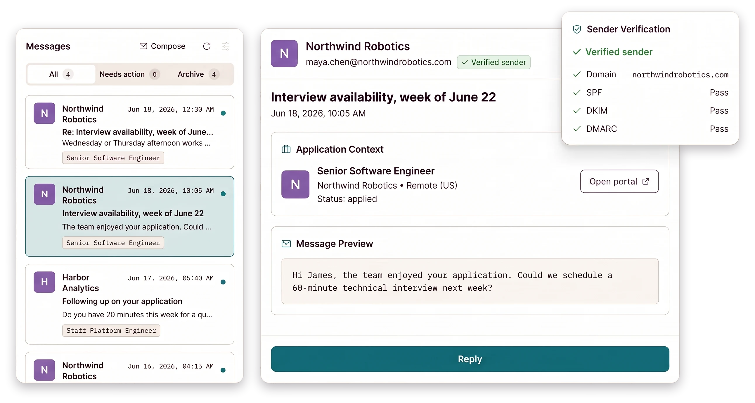 Correspondence inbox with employer replies linked to applications