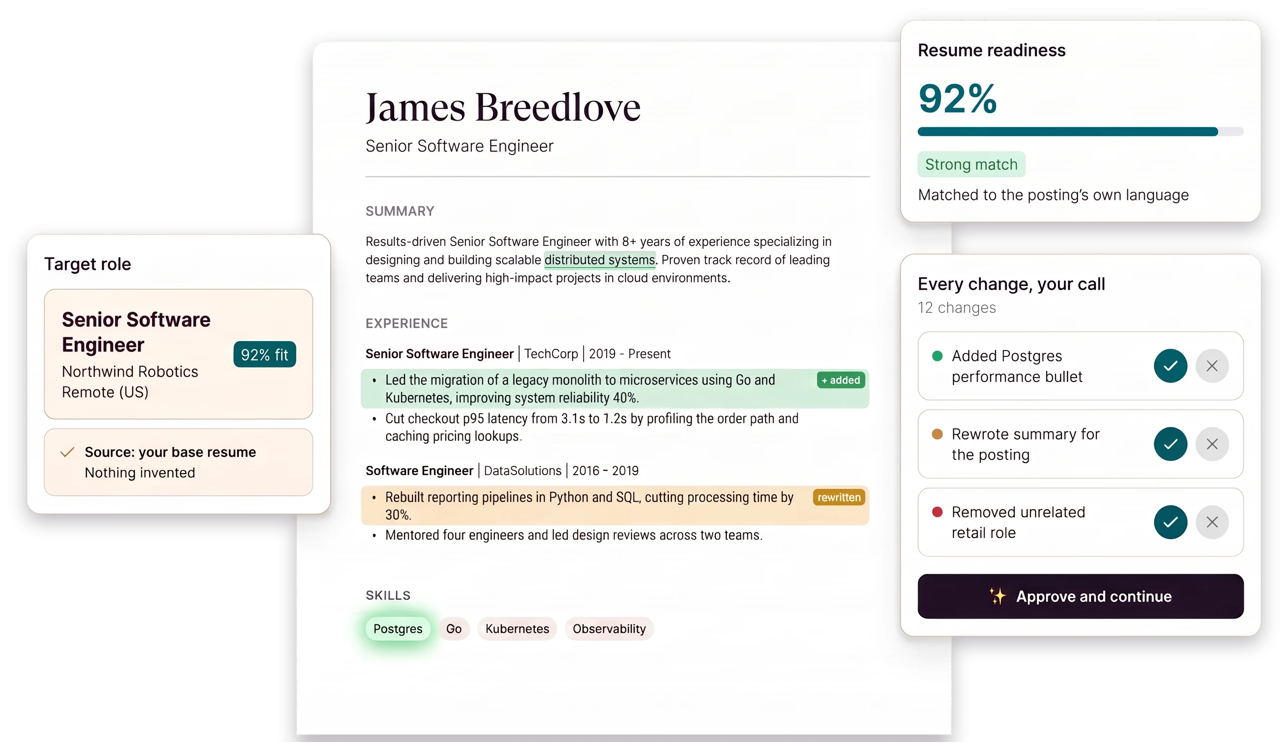 Resume Studio preview with target role, tailored resume changes, and per-change review rail